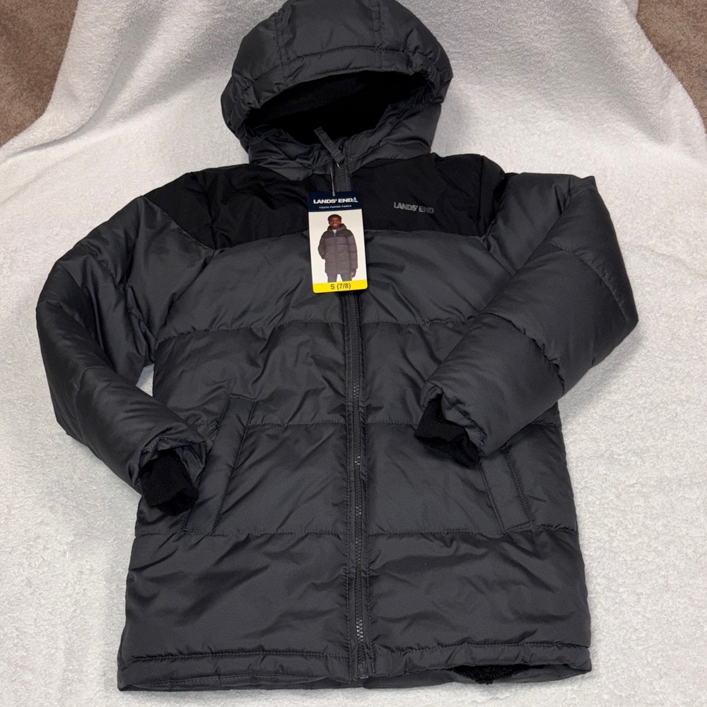 Lands' End Kids Charcoal Puffer parka Coat boys small 7/8 nwt